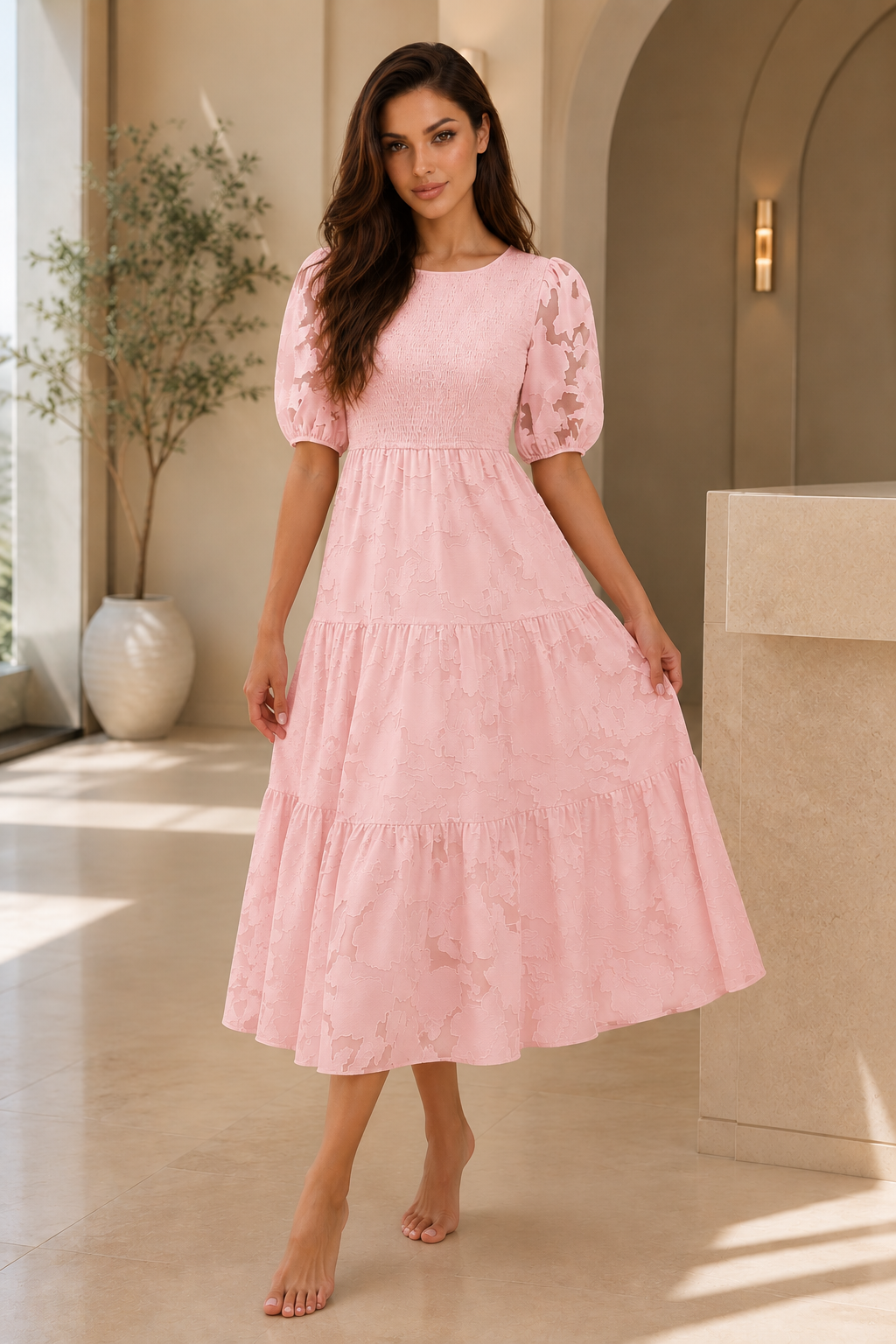 فستان وردي دانتيل ناعم — ستايل Rose Soft Balance