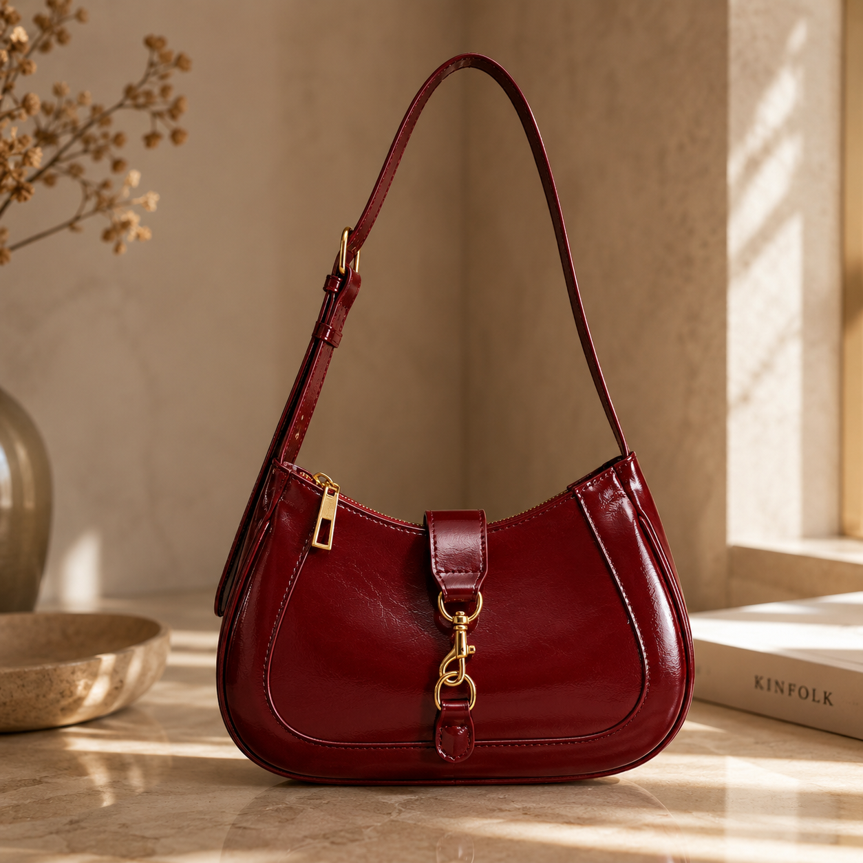 شنطة Burgundy Vintage Hobo — ستايل Silver Crimson Poise